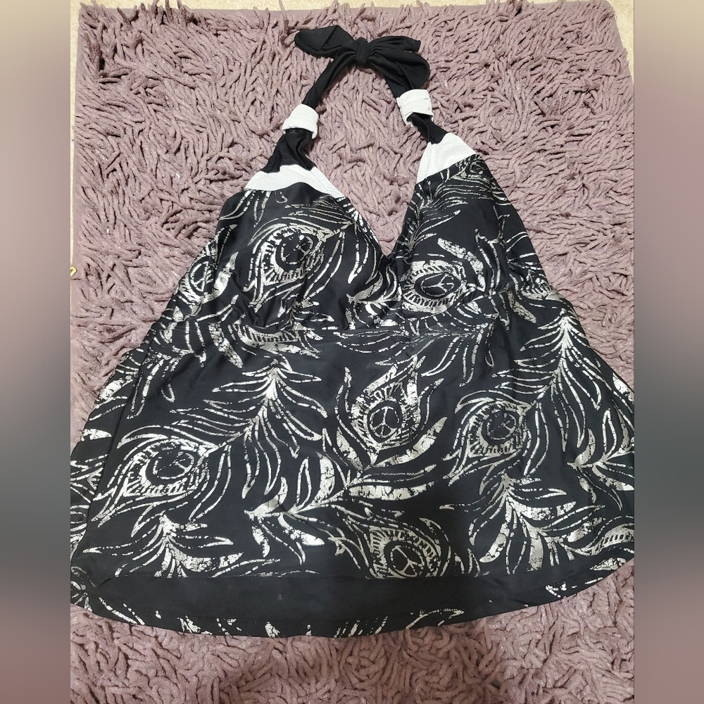 Black and White Halter Swim Suit Top with Feather Print